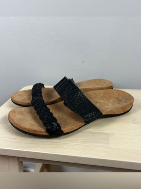 VIONIC Jeanne Slide Sandal Black Leather Sz 10 Comfort Orthotic Summer Beach